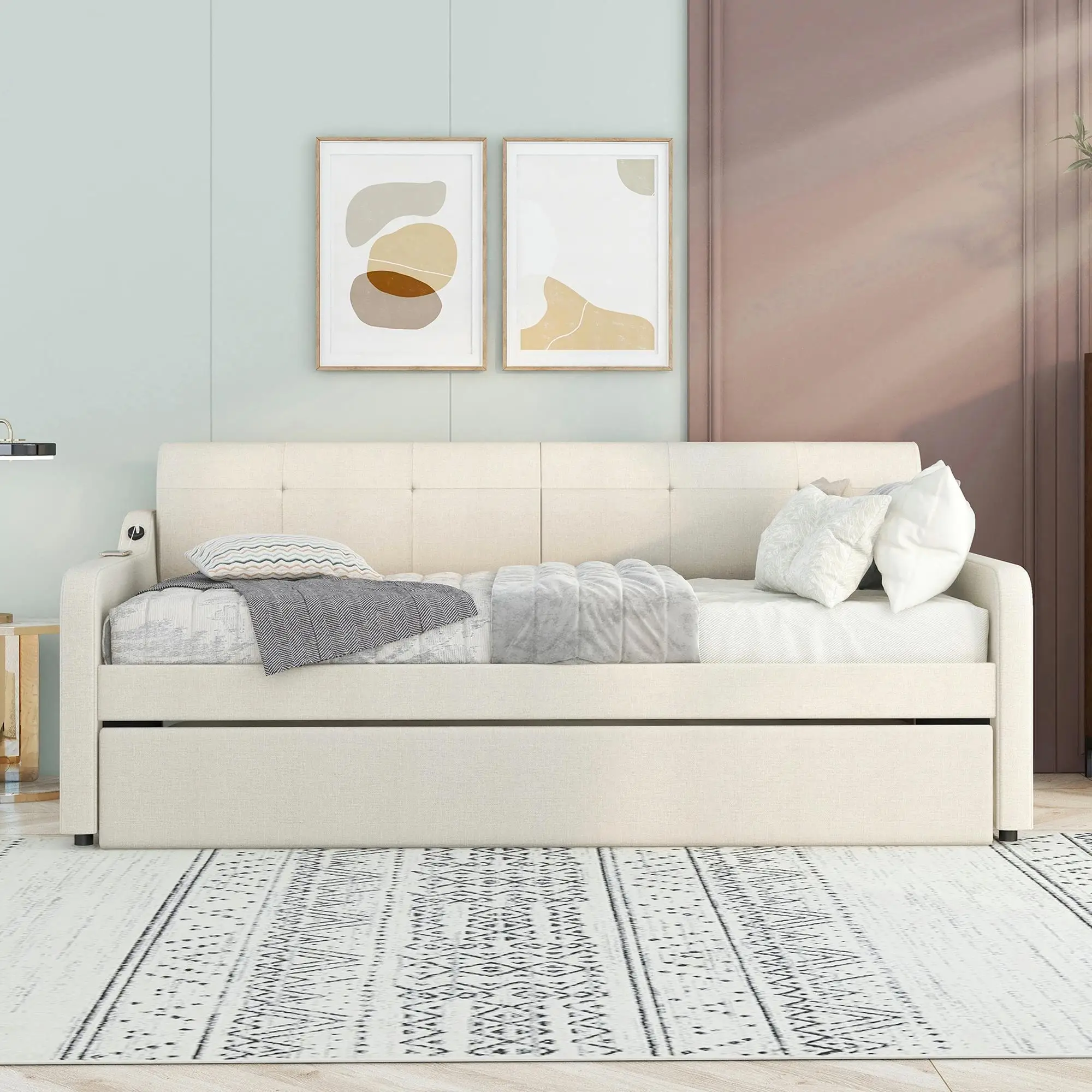 

Beige Twin Upholstered Daybed with Trundle & USB Charging, Flat or Erect Options, Space-Saving Design