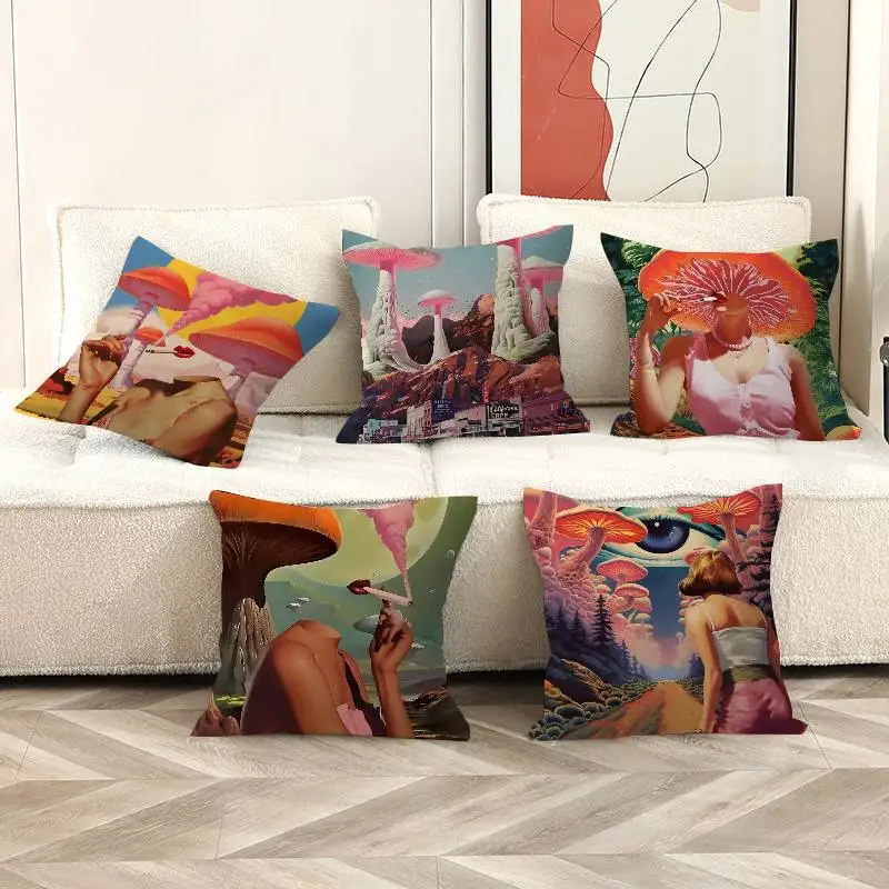 Retro Woman Smoke Surreal Mushroom Psychedelic Cushion Cover Polyester Sofa Cushions Decorative Throw Pillows Home Pillowcover