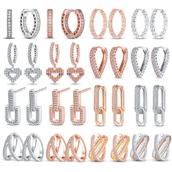 Pendientes de aro de plata de ley 100% para mujer, aretes geométricos de corazón de oro rosa, pavé de CZ, joyería de compromiso de boda, regalo de cumpleaños 925
