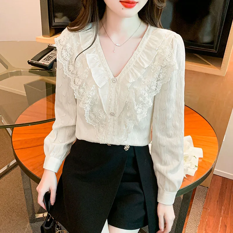 Fashion New Casual Long Sleeve V-Neck Women Blouse Lace Ruffles Chiffon Blouse Shirt Women Tops Blusas Mujer De Moda 2024 A599