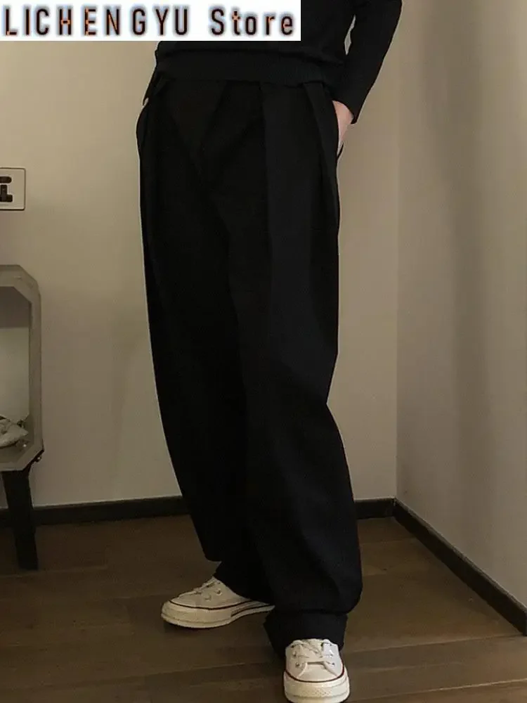 High Waist Black Pleated Long Asymmetric Wide Leg Pants New Loose Fit Trousers Women Fashion Spring Autumn