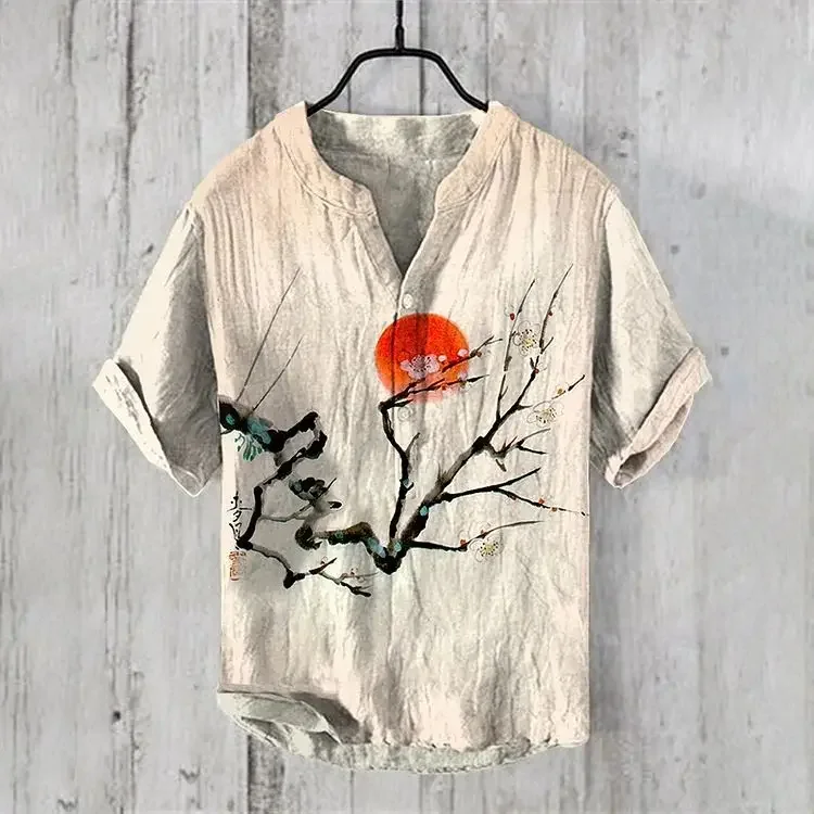 Camisas casuales de primavera y verano para hombres y mujeres, camisas de manga corta con flor de ciruelo, camisas estampadas de Estilo Hawaiano, tops para hombres