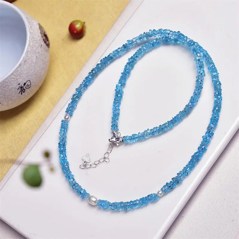 

4.3MM Natural Blue Apatite Collarbone Necklace String Charms Handmade Fortune Energy Mineral Woman Amulet Jewelry Gift 1PCS