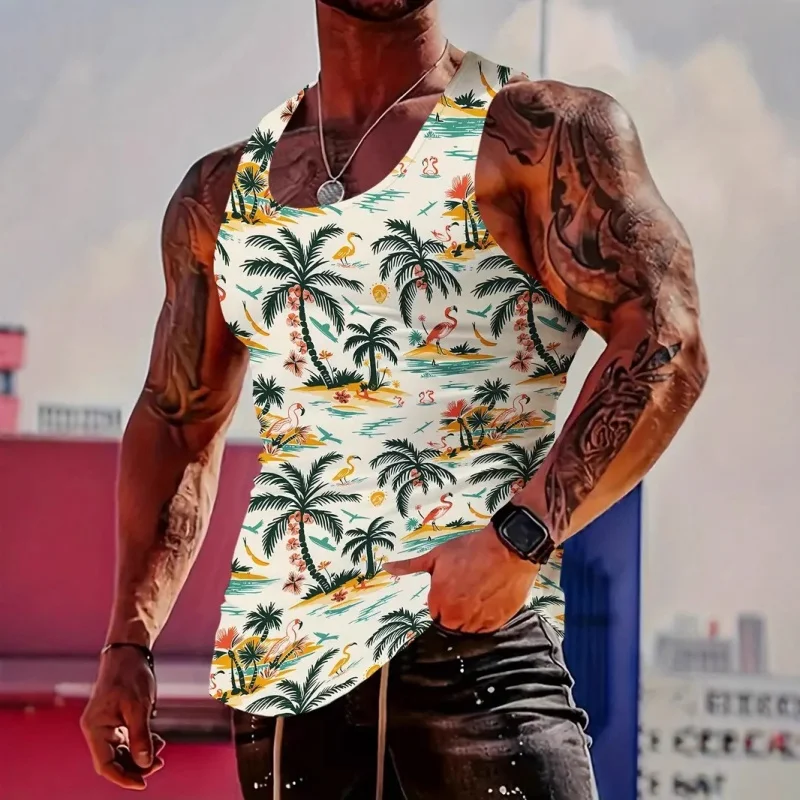 

Топы на бретелях с 3D принтом листьев кокосовой пальмы для мужчин, футболки с рисунком растений, летние свободные уличные спортивные топы для отдыха, жилет с круглым вырезом