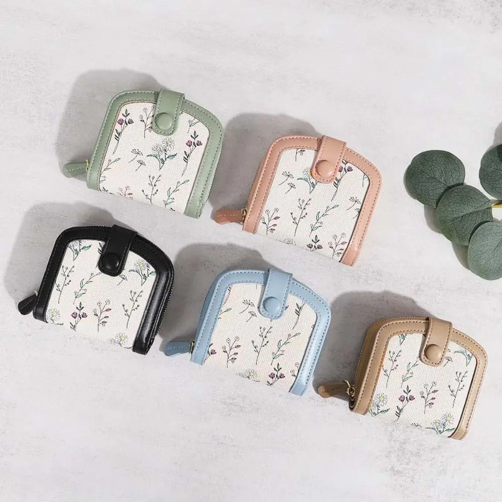

Floral Print Mini Coin Purse Bag Zipper Pouch Multi Function PU Leather Short Wallet ID Credit Card Small Card Holder Women