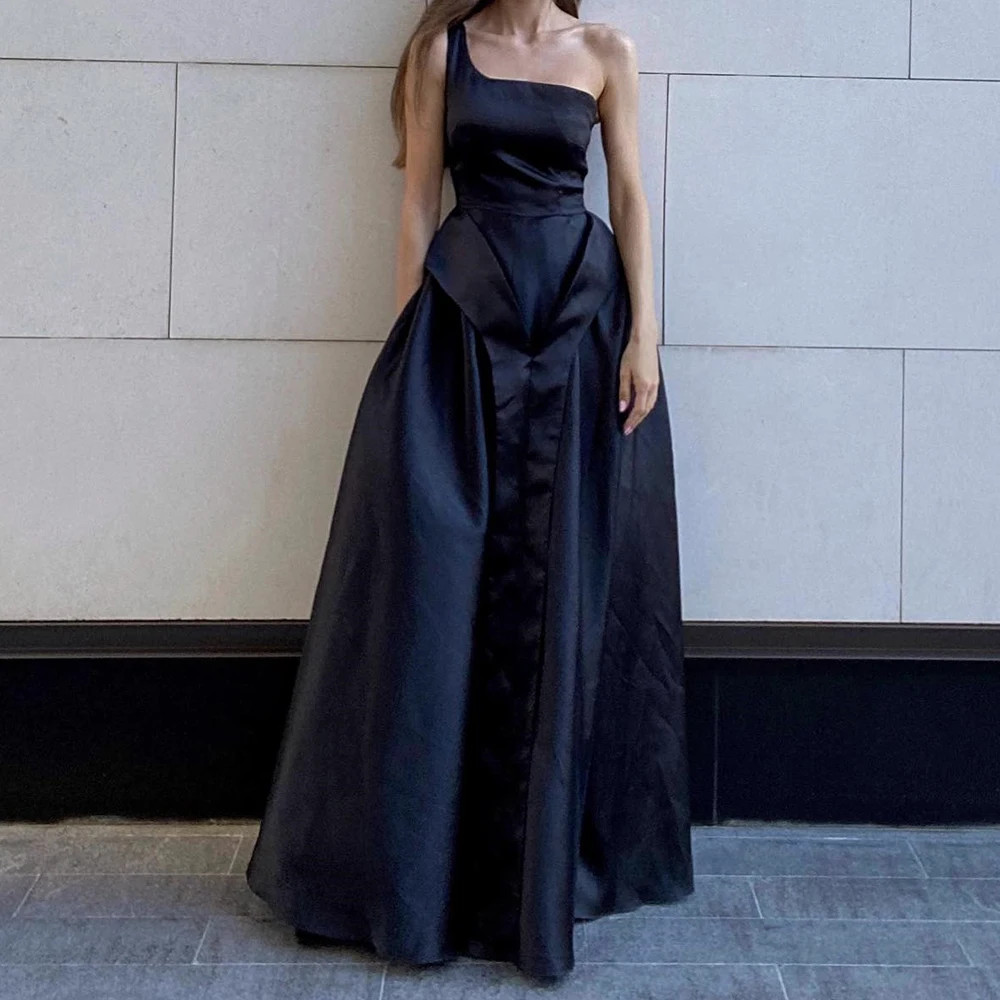 

Customized Modern Satin A-Line One Shoulder Evening Dress High Quality Floor Length Sleeveless vestidos para mujer