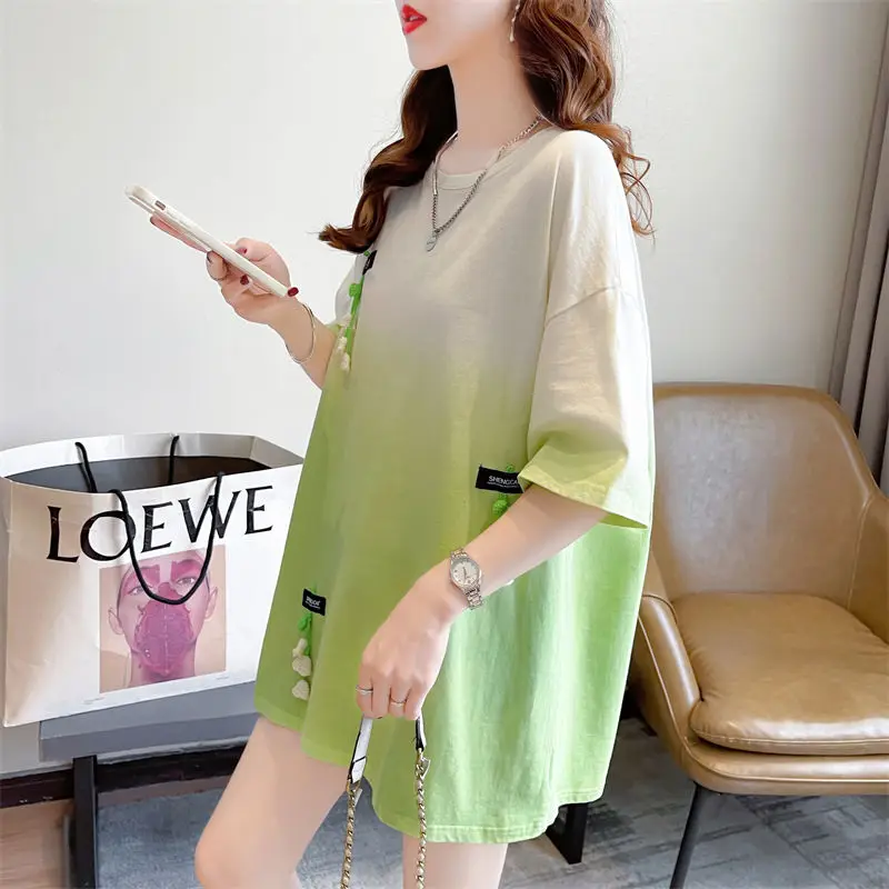 Gothic Summer Short-sleeved T-shirt Women Tshirt Streetwear Pullover Tops Casual Loose Shirts Gradient Color Korean Chic