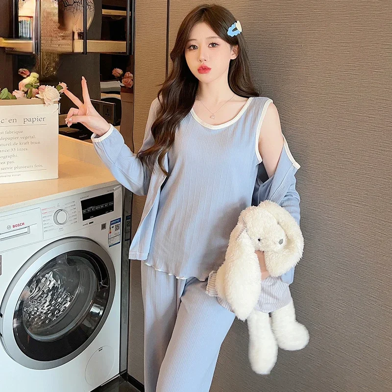 3 Pcs Pajama Sets Women Panelled Sweet Padded Sleepwear Soft Home Casual Ulzzang Tender All-match College Girls Loungewear Daily