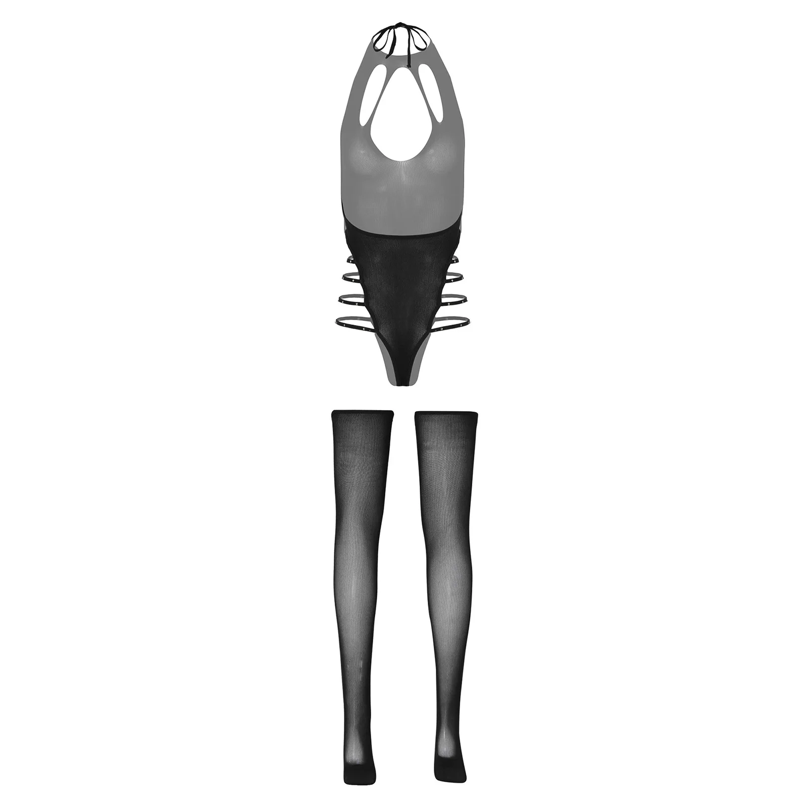 

Womens Shiny Rhinestone Bodystocking Halter High Cutting Bodysuit with Stockings Hollow Out Stretchy Lingerie for Clubwear Party