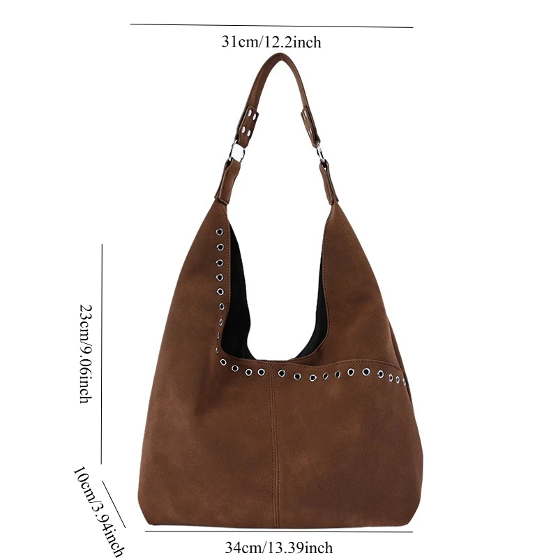 Retro Faux Suede Underarm Shoulder Bag for Women New Korean Style Minimalist Rivet Tote Bag Large Capacity Bucket Bag