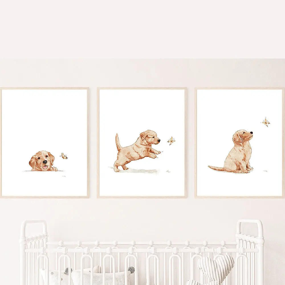 Golden Retriever Dog Canvas Painting Animal Puppy Poster and Set 3 Of Print Kids Room Nursery Kids Boys Wall Art Decor Picture