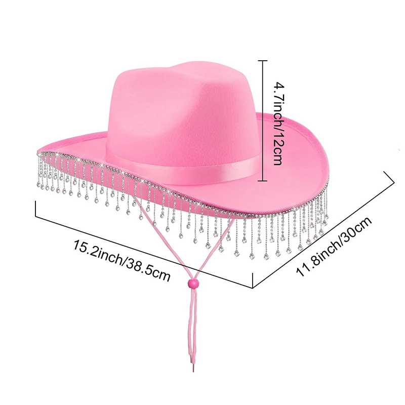 Chapeau de cowboy avec pompon pour femme, frange en biscuits, chapeau de cow-girl occidental, robe de soirée solide en cristal, chapeaux de mariée, chapeau haut de forme à la mode