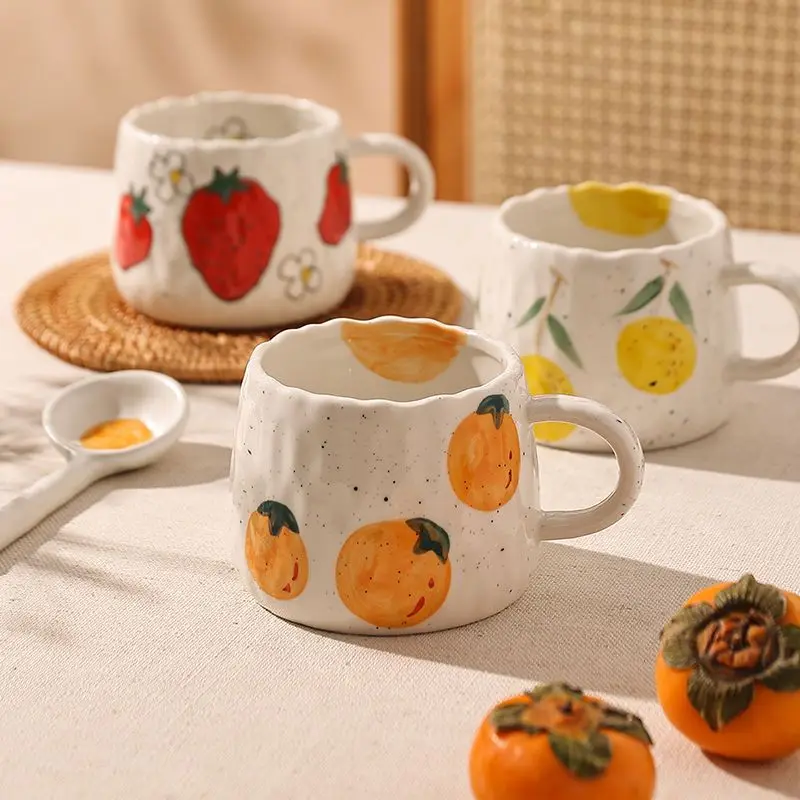 Cartoon Fruit Pattern Ceramic Mug Tea Coffee Cup Juice Breakfast Cup Home Office Handheld Milk Juice Cup Home Accessories