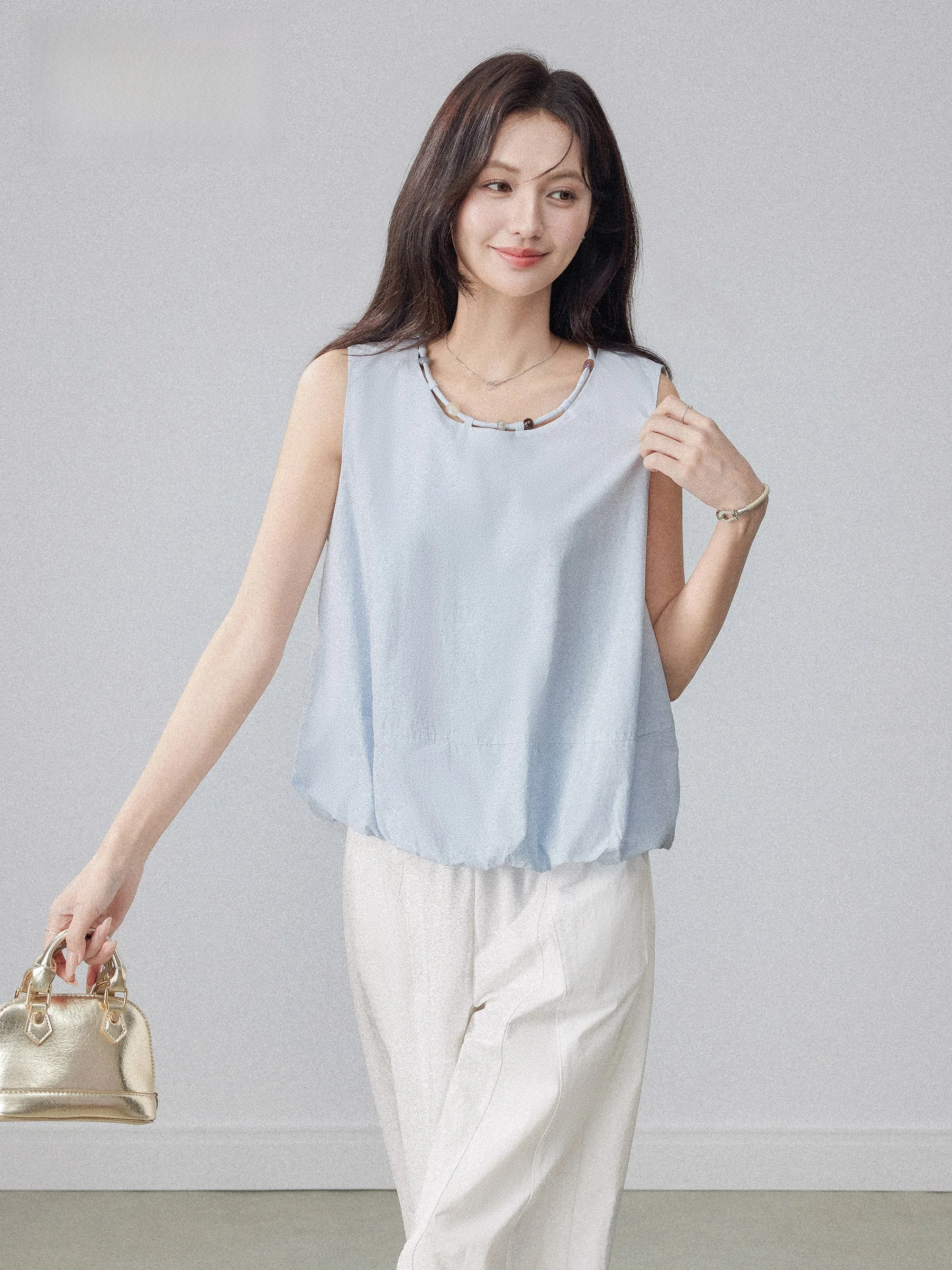 

Loose Women's Blue Floral Print Sleeveless Shirt Spring Summer New Design Casual Style Sweet Style Top Flower Bud Design