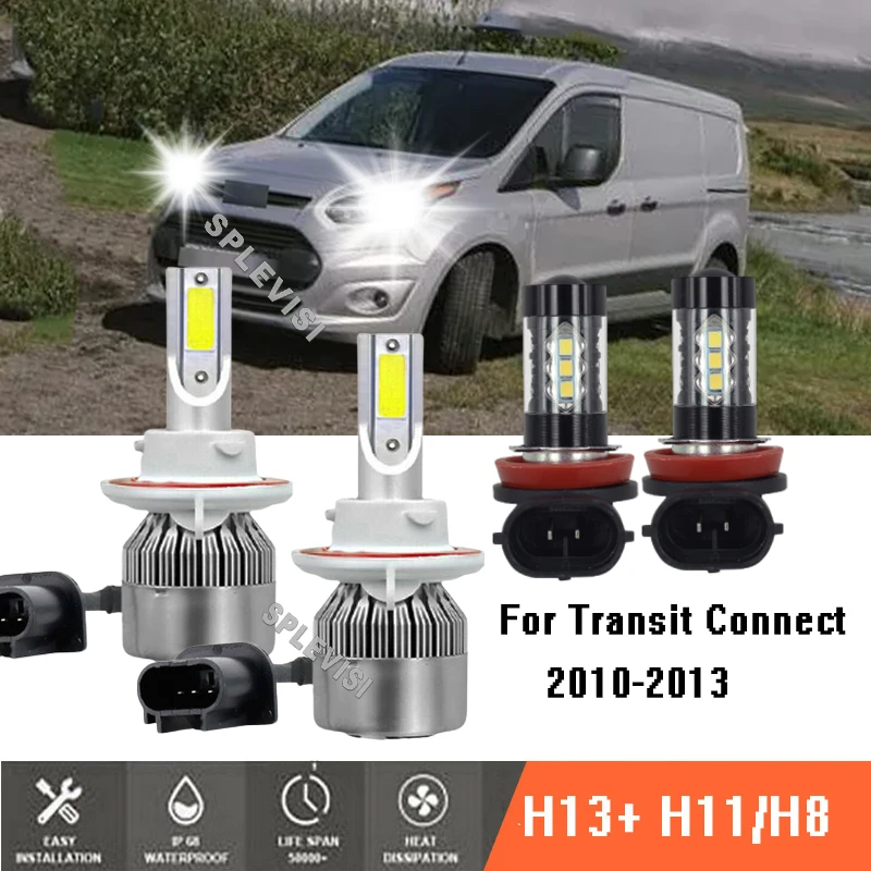 

4x LED White Headlight High/Low Beam + Fog Light Bulbs 6000K Replace Set For Ford Transit Connect 2010-2013 2010 2011 2012 2013