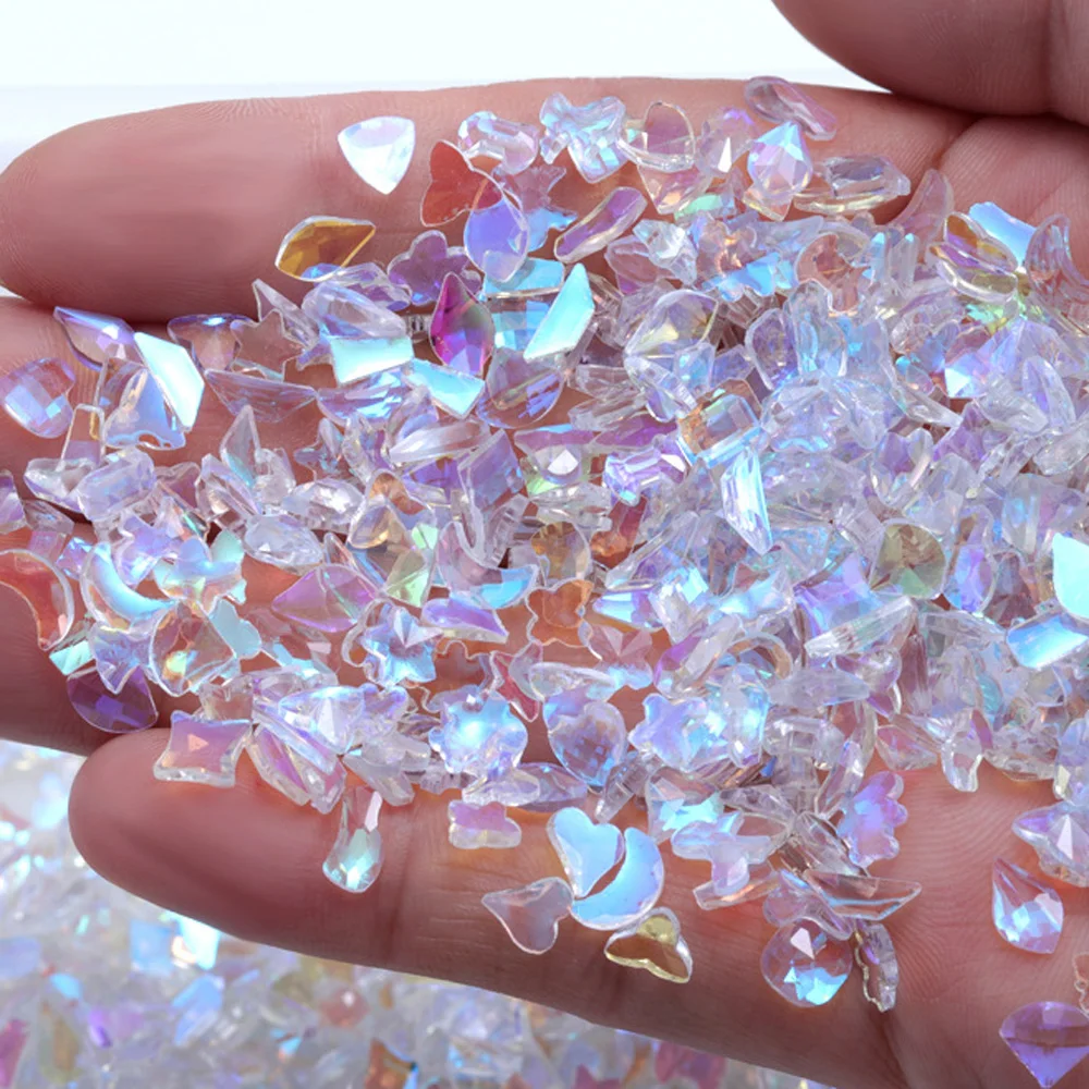 100 adet buz temizle mavi Mix tırnak Rhinestones 3D düz geri özel şekil tırnak dekorasyon düzensiz kristal taşlar tırnak aksesuarları