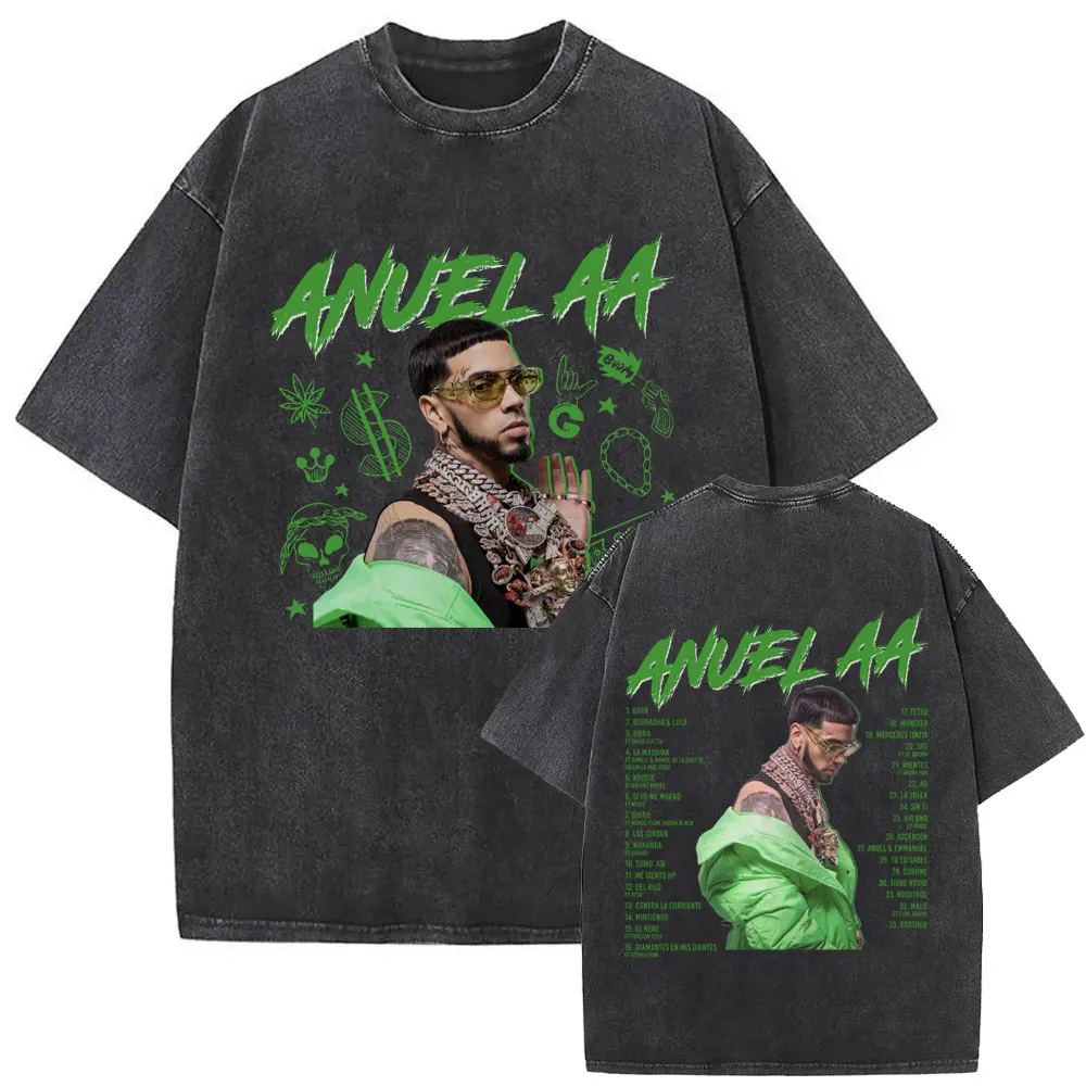 

Vintage Washed Rapper Anuel AA Real Hasta La Muerte Graphic T-shirts Men Women Fashion Hip Hop T Shirts Men's Oversized T-shirt