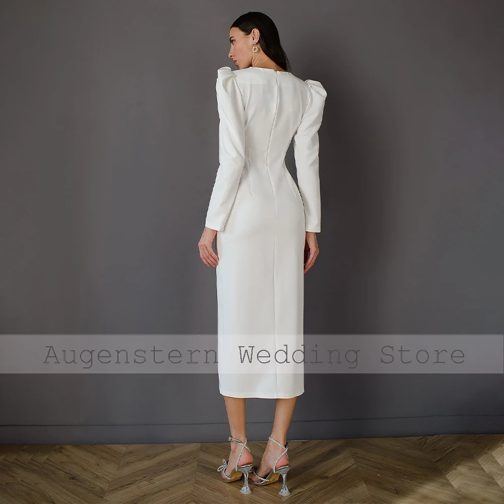 Column Wedding Dress Midi V Neck Long Sleeves Tea Length Short Wedding Gowns White Ruched Simple Bridal Dresses for Women 2024