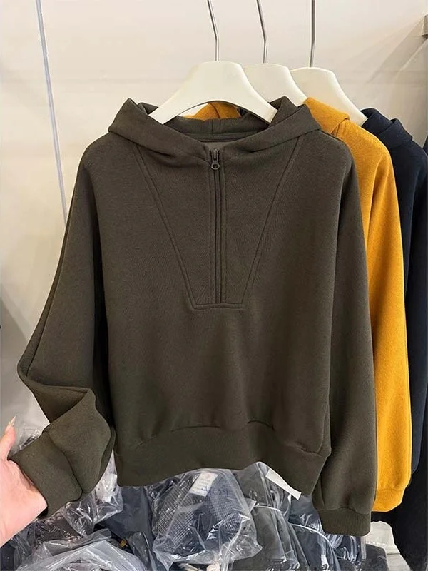 Fall 2025 Women's Casual Faionable Hooded Semi-Zip Long Sve T-irt Base Layer Versatile Sweatirt Top Korean Sle