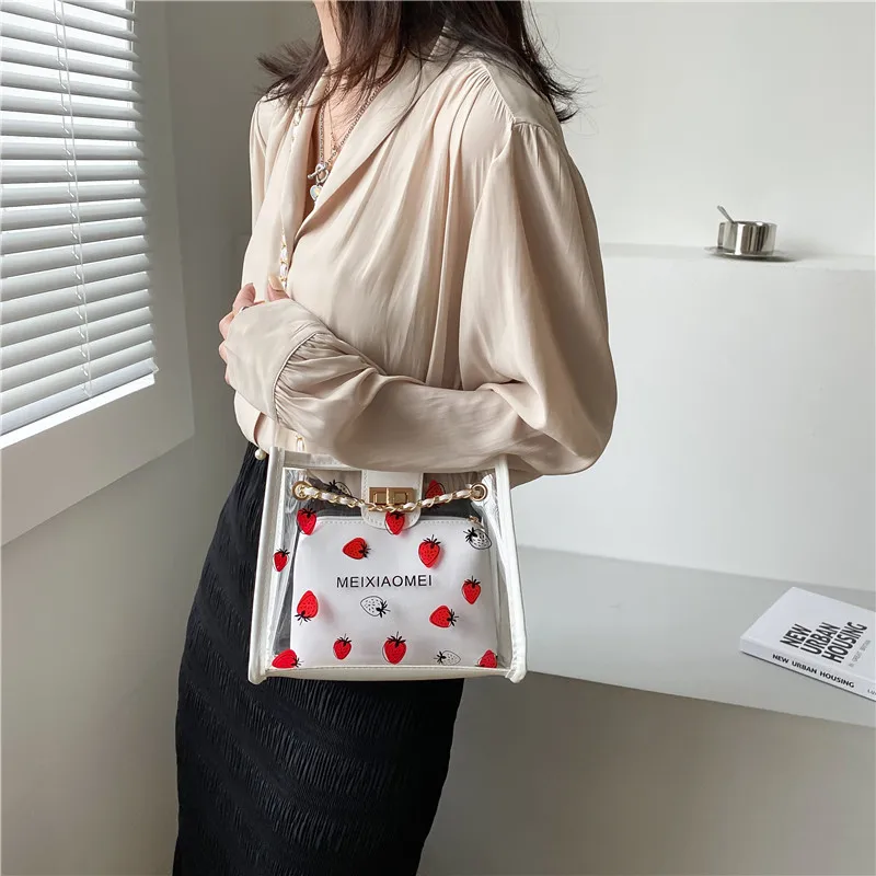 Fashion Transparent Handbag for Women PVC Clear Bag Travel Ladies Shoulder Bag with Purse Large Capacity Strawberry Eco Tote Bag