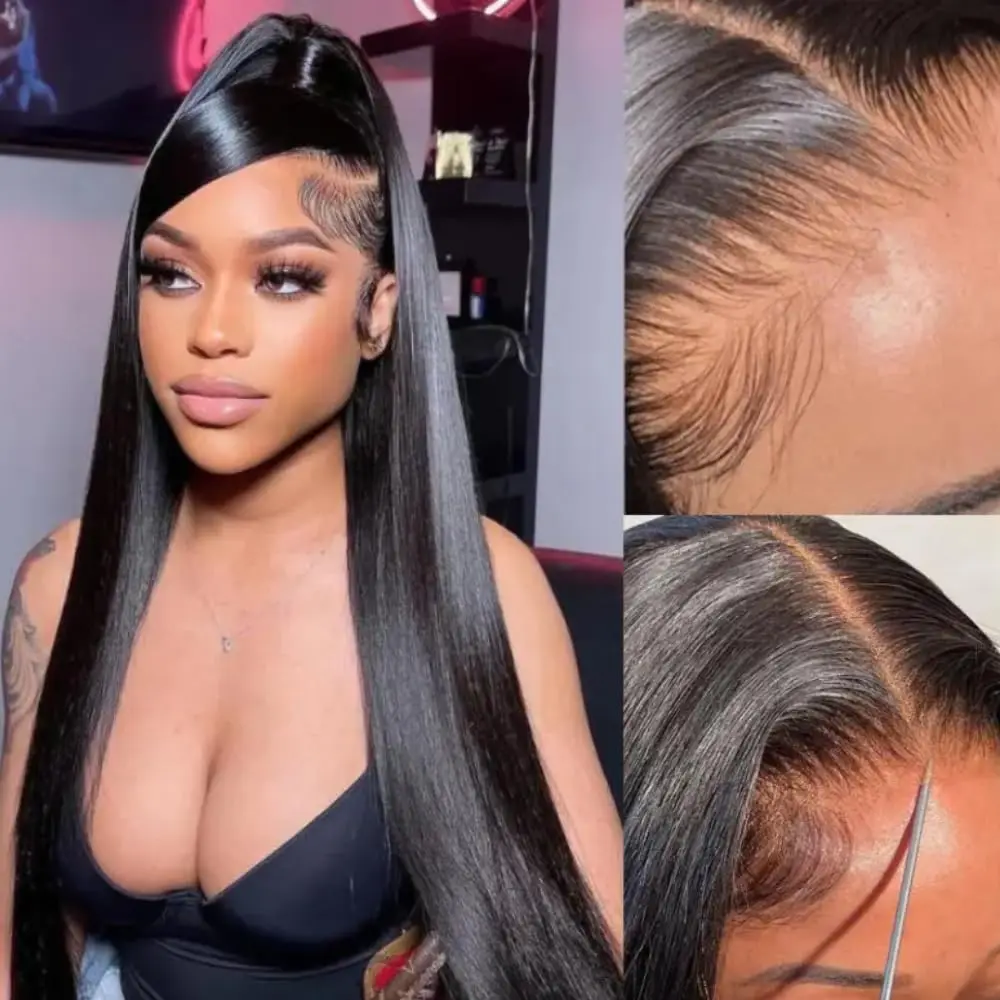 200 densidade natural osso preto em linha reta hd perucas dianteiras do laço transparente 30 40 Polegada 100% cabelo humano 13x6 pré arrancado perucas frontais
