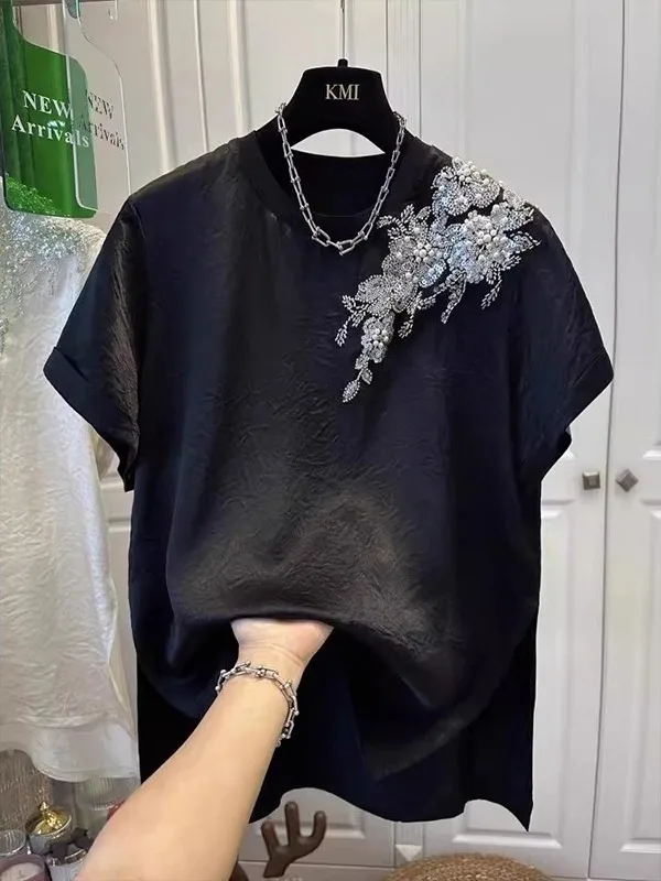 

Премиальная летняя футболка большого размера из ацетата с бисером, свободного кроя, уникальная, легкая, 300 г/м²