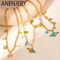 ANENJERY 316L Stainless Steel Colorful Heart Moon Star Bowknot Planet Necklace for Women Girls Special New Bohemia Jewelry Gifts