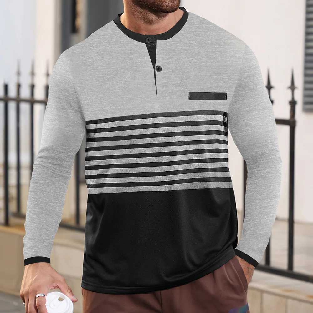 Spring Summer New Men Clothing Long-Sleeve V-Neck T-Shirt Patchwork Striped Top Slim Business Casual