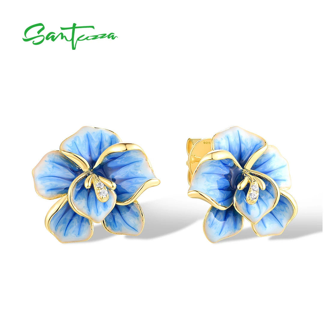 

SANTUZZA Authentic 925 Sterling Silver Earrings For Women White CZ Blue Enamel Blossom Flower Wedding Party Gift Fine Jewelry