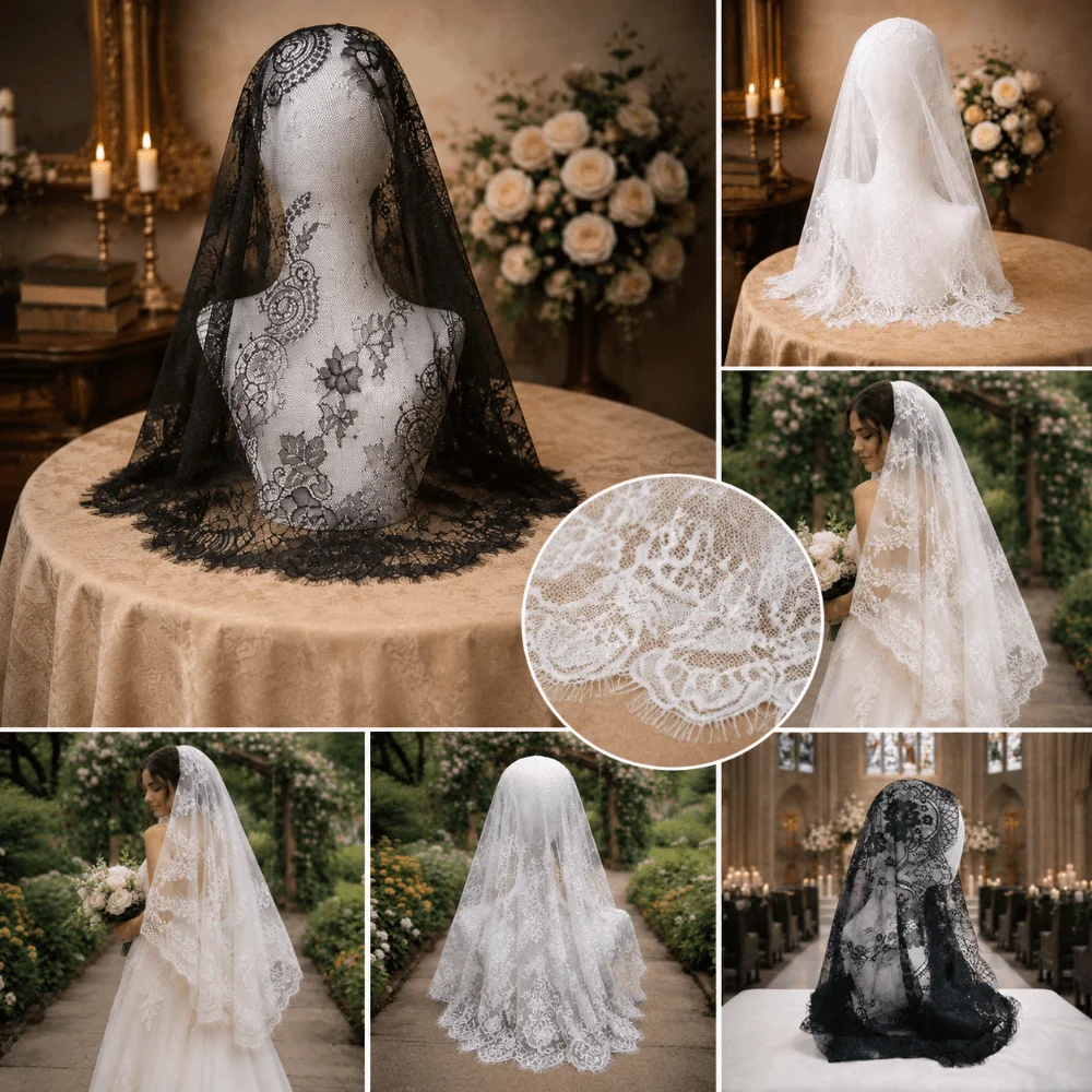 Elegant Floral Pattern Wedding Veil 60cm*70cm Photo Props Lace Veil Black White Polyester Lace Shawl Woman