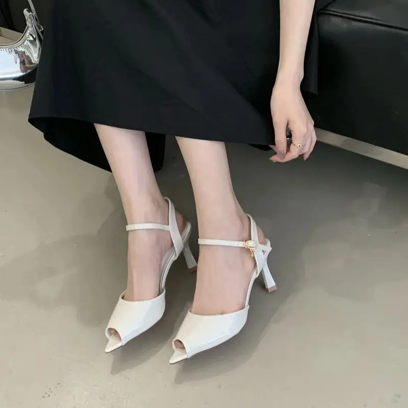 8cm Stiletto Heel Sandals Black Patent Leather Peep Toe Ladies Summer Shoes Comfortable High Heels Woman Shoes Sandals White - view 2