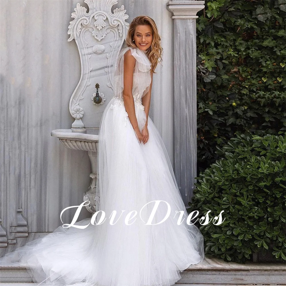 LoveDress gaun pernikahan bunga Applique leher Halter gaun pengantin Boho tanpa lengan Tulle Vestidos putri sipil mewah pengantin disesuaikan