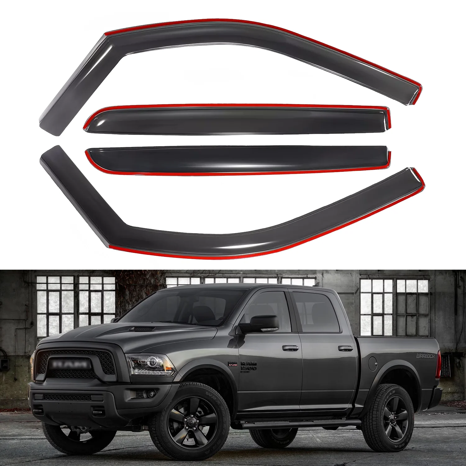 

For Dodge Ram 1500 4-Door Crew Cab 2019-2024 In-Channel Smoke Rain Guards 4pcs Set No Clips Without Drainage Slots 1.5MM Thick