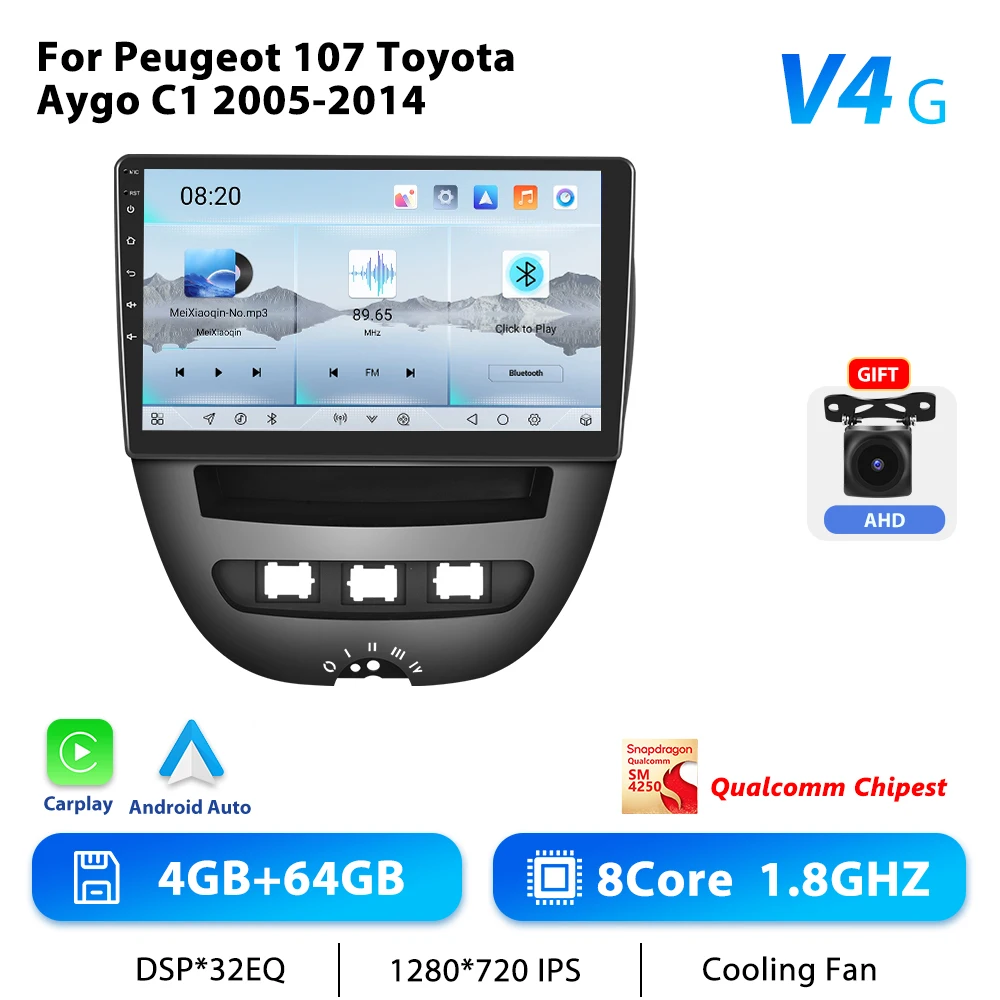 Podofo 10.1 "Autoradio Draadloze CarPlay Android Radio For PEUGEOT 107/Citroen C1 2005-2014 Multimedia GPS 4G WIFI BT Autoradio