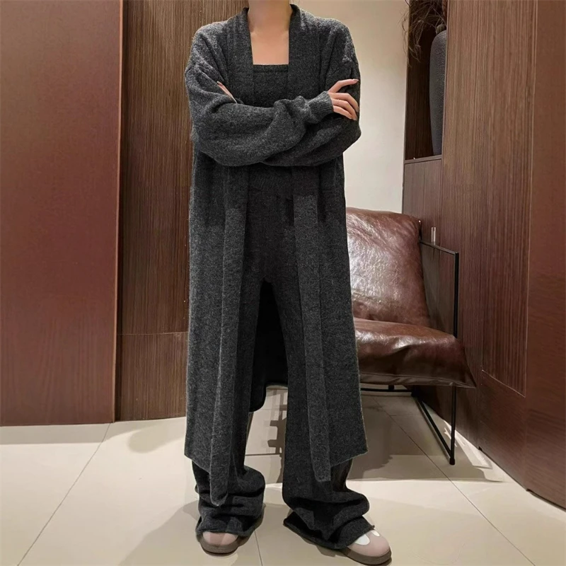 Un nuevo traje de punto de otoño/invierno para mujer, suéter largo elegante a la moda, abrigo, Tops con cuello Halter, Pantsa de pierna ancha, conjuntos de tres piezas