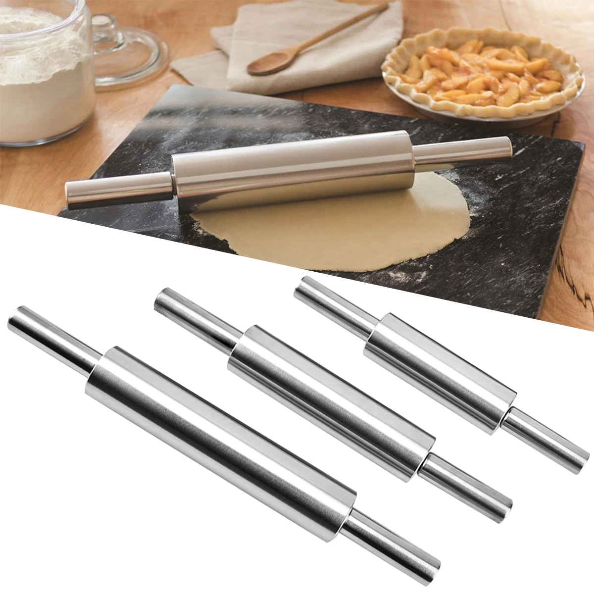 

M/L/XL Stainless Steel Rolling Pin Non-stick Pastry Dough Roller Bake Pizza Noodles Dumpling Cookie Pie Making Baking Tool