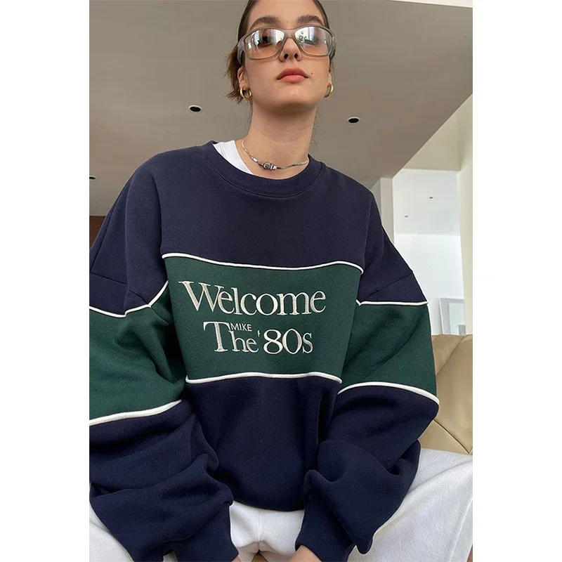 Streetwear Patchwork Sweatshirt Women Y2K Oversized Letter Print Pullovers Vintage Korean Loose Casual All Match Hoodies Tops