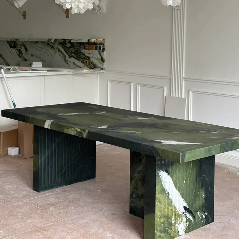 Natural avocado green marble dining table natural luxury stone rectangular dining table modern simple Italian light luxury stone