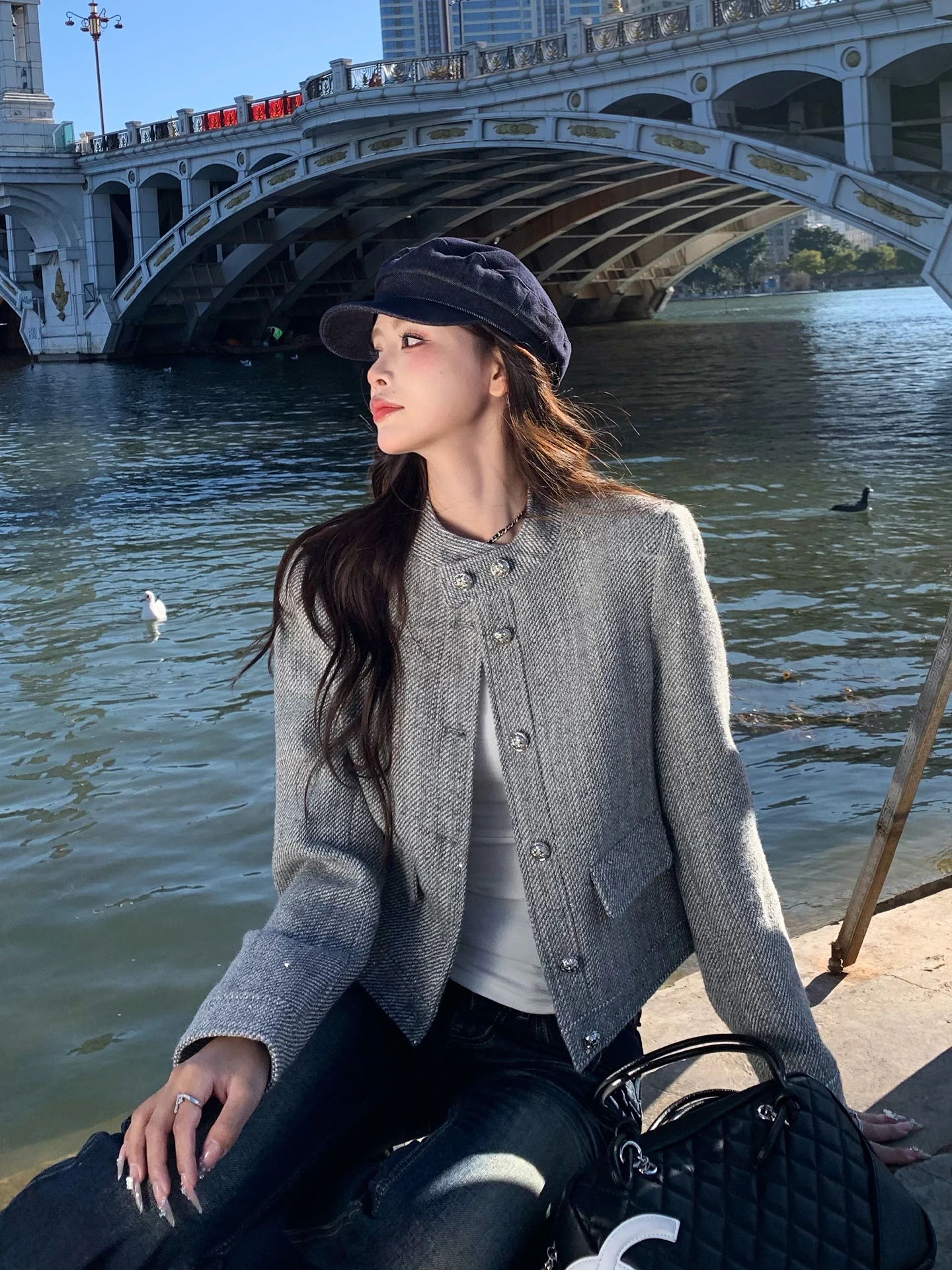 

er Spring 2026 Women's ort Outerwear Knitted Pearl Beads Jaet angxiang Sle Long Sve Straight Cut High Quali Top