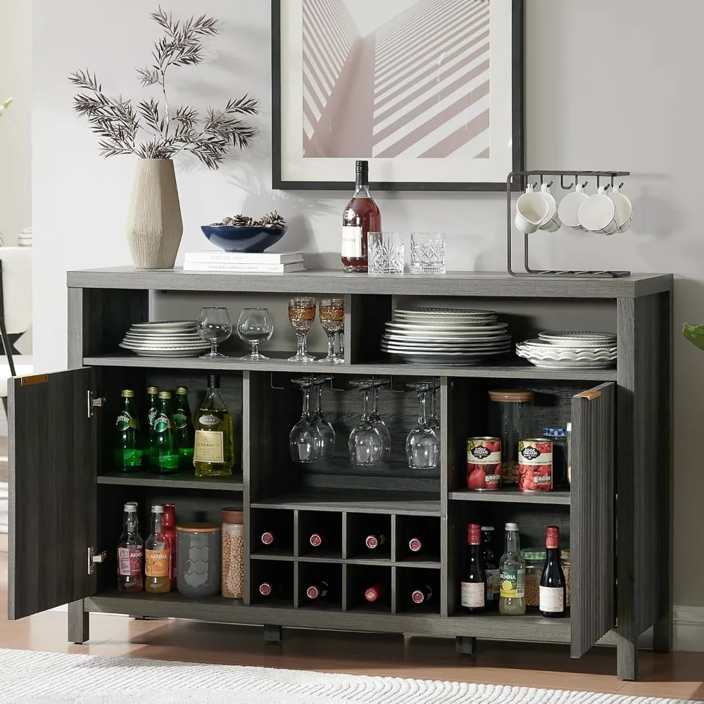 Wine Bar Cabinet, Oxford Fluted Modern Coffee Liquor Cabinet with Adjustable Shelves & Wine Racks, 8-Bottle Storage, 51 in