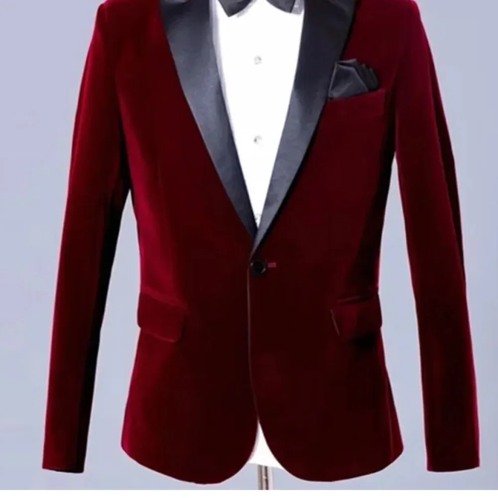 High-end Burgundy Velvet Men Blazer Single Breasted Black Peak Lapel  Wedding Slim Fit One Piece Jacket