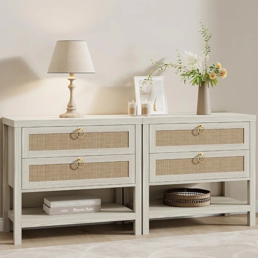 

Large Rattan Bedside Table 2-piece Set: Bohemian Bedside Table with Drawers and Storage Shelves, White Bedside Table