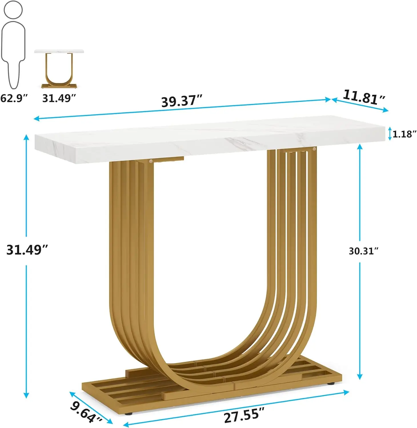 Mesa console com base de ouro, mármore falso Entryway Foyer mesa, sofá sotaque mesa para sala de estar corredor, branco e dourado, 39,4 polegadas