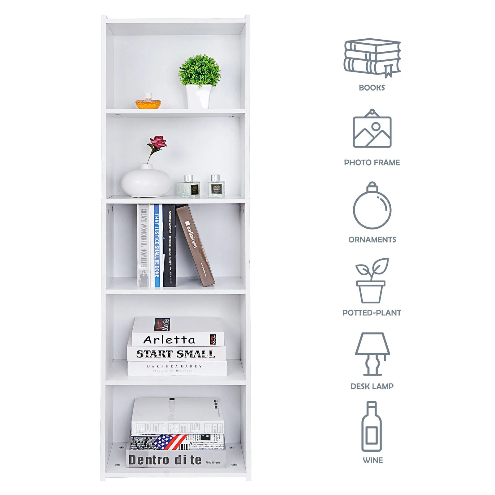 

5-Tier Bookcase Storage Organizer Wall Shelf Bookshelf for Home Office White United States