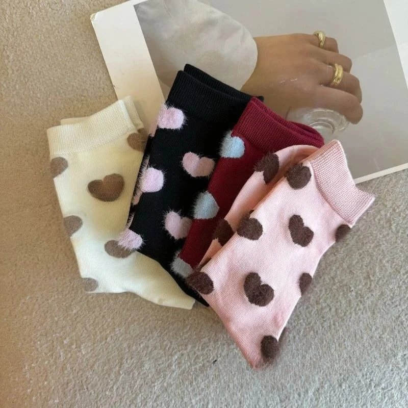 1/4 Pairs 2025 Autumn and Winter New Love Couple Socks Women's Medium Tube Furry Love Design College Wind Stacking Socks Women