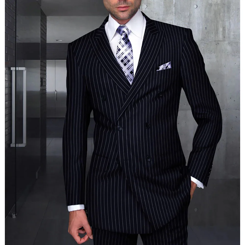 

Double Breasted Black Pinstripe Peak Lapel Men Suits Formal Business Office Costume Luxury Wedding 2 Piece Jacket Pants Tuxedo