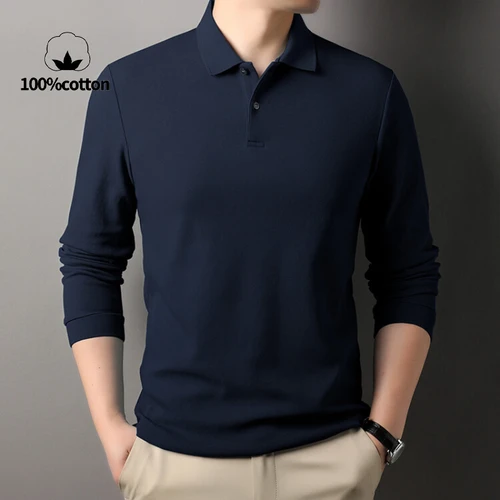 Imagen 2 del producto Polo 100% algodón, manga larga universal de ocio para las cuatro estaciones, camiseta con solapas transpirables, perfecta para deportes de golf duraderos