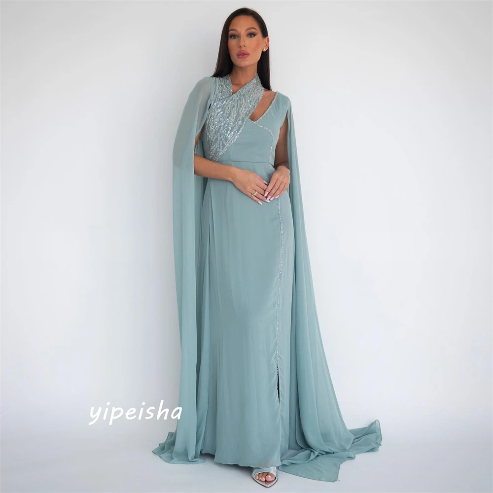 Yipeisha-Robes de soirée en mousseline de soie, licou élégant, paillettes A-ligne, longueur au sol, jupe licou disponible