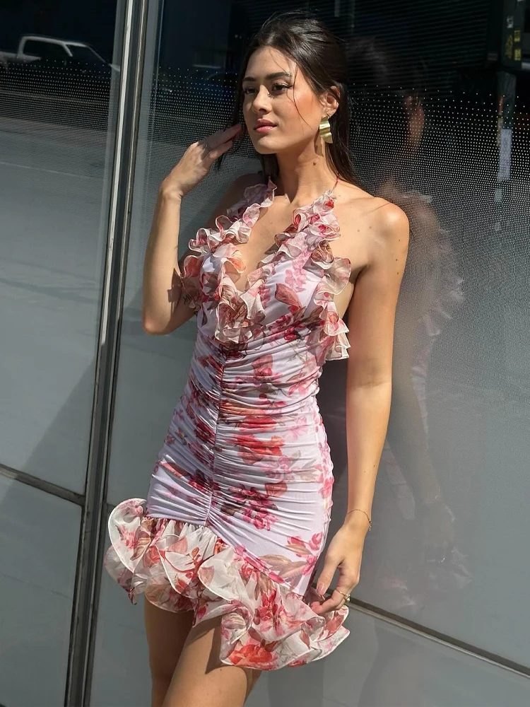 Sexy mini-jurk met bloemenruches en ruches – mouwloze zomerse bodycon strandvakantiejurk met V-hals voor dames
