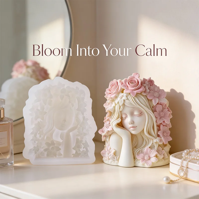 Floral Girl Relief Candle Silicone Mold, 3D Sleeping Beauty Face with Flower Crown, DIY Wax Mold for Gift Decor